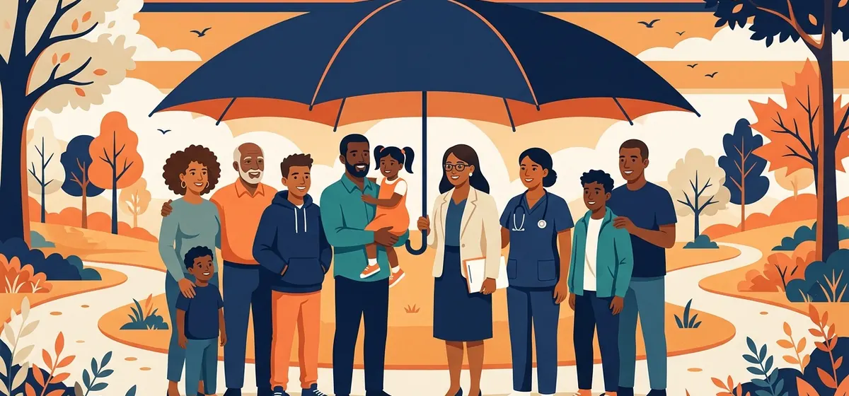 Illustration of parents, teenagers, a teacher and a nurse standing together under a protective umbrella